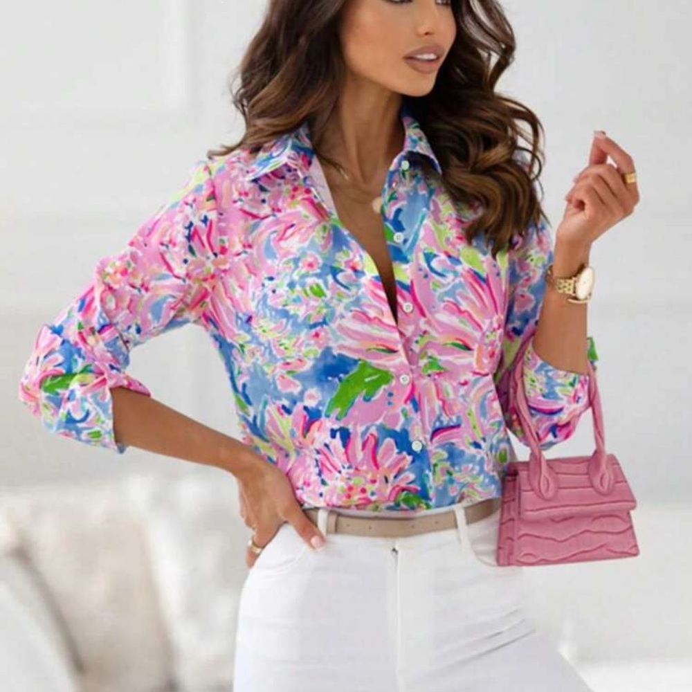 Floral Pink and Blue Women's Top